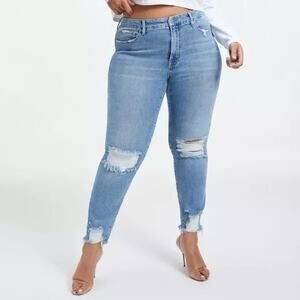 Good American Good Classic High Rise Ripped Straight Jeans Blue 14